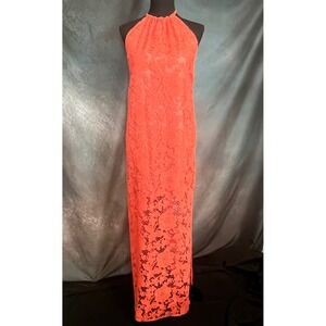 Trina Turk Milan Coral Floral Lace Halter Maxi Dress Sleeveless Party Cocktail